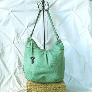 Fossil Leather Floral Tooled Teal Green Hobo Bag